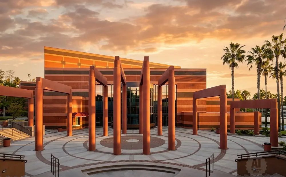 A sunset illuminates a modern building with red brick and a circular plaza with tall pillars.