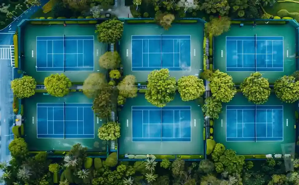 Aerial view of multiple blue tennis courts surrounded by lush green trees and landscaping.
