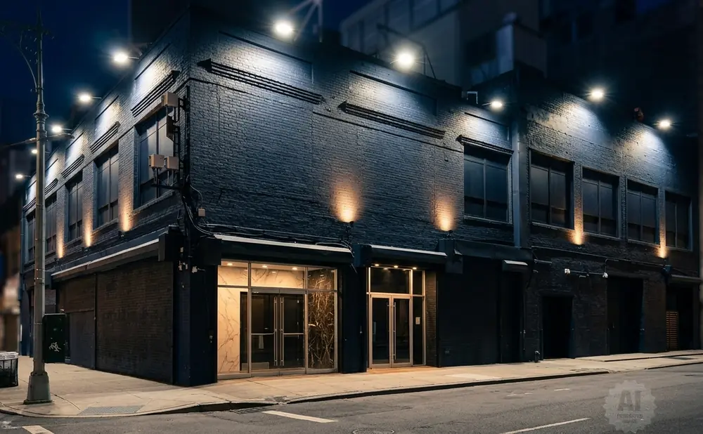 Dark brick building at night, lit by spotlights and streetlights.