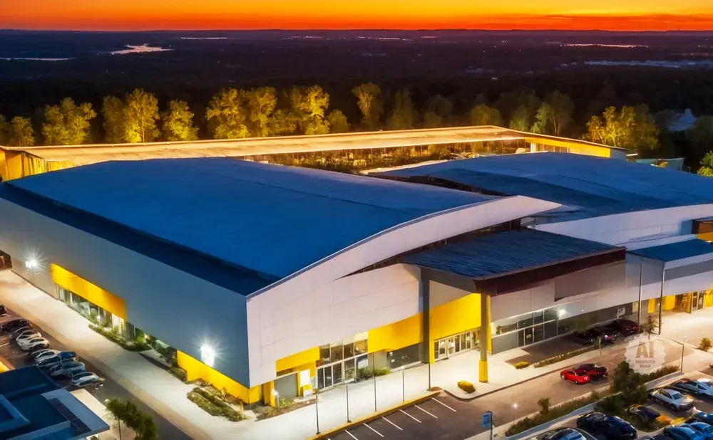 Modern warehouse with blue and yellow accents at sunset, aerial view.
