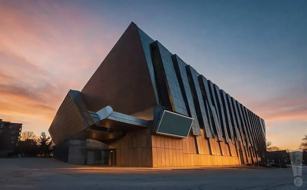 Modern angular building with a large screen, lit by warm sunset light.