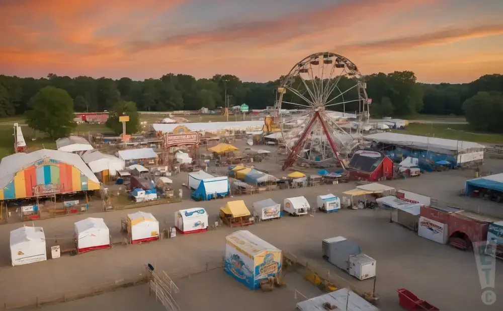 Aerial view of a carnival at sunset, featuring a Ferris wheel, various tents, and rides.