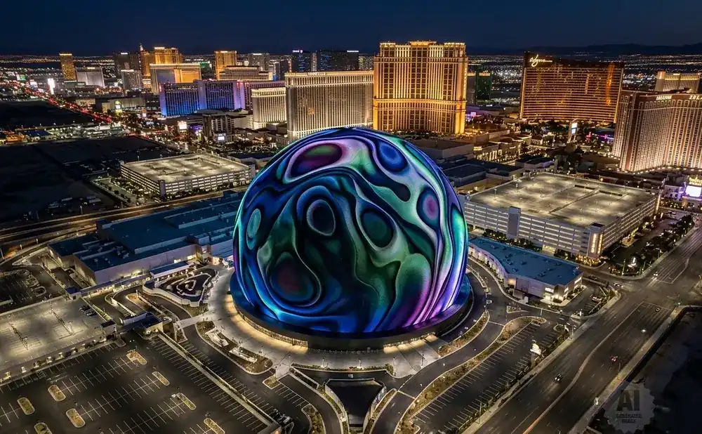 An illuminated spherical building with a swirling, colorful digital display at night, surrounded by city lights and parking lots.