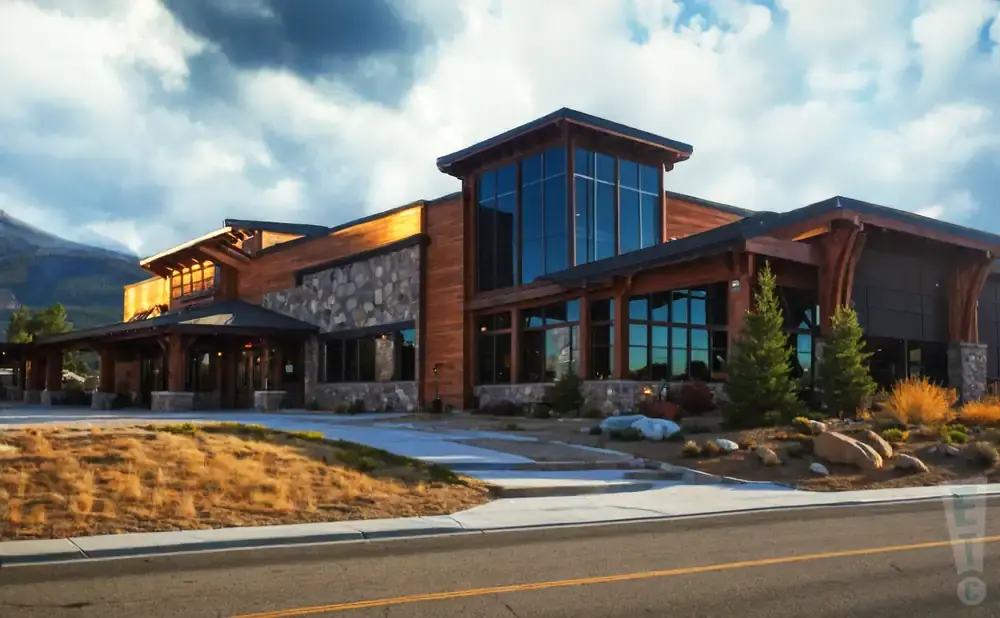 Modern lodge-style building with wood and stone facade, large windows, and scenic mountain backdrop.