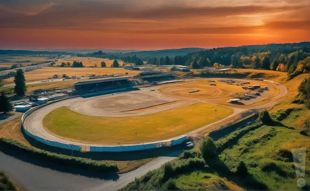 Aerial view of a racetrack at sunset, with golden fields and a dramatic orange sky.