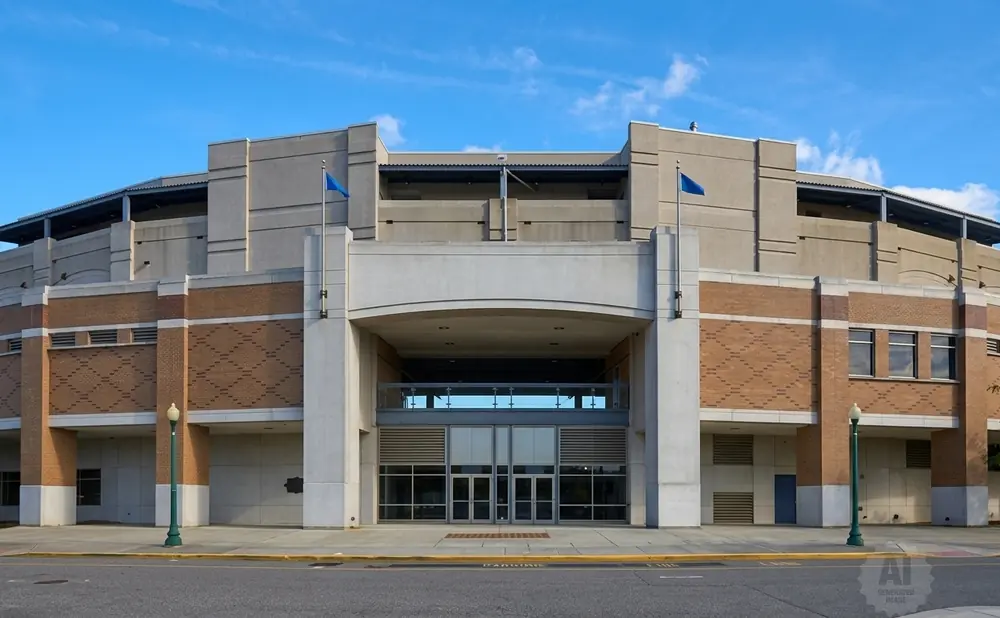 Large brick and concrete building with a wide arched entrance, two blue flags, and glass doors.