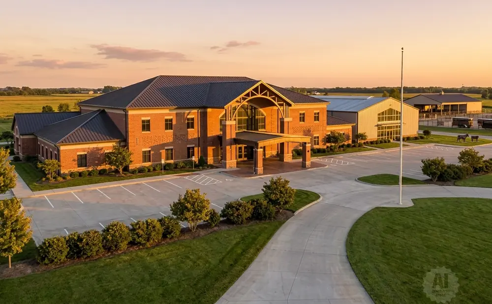 Aerial view of a brick building with a metal roof, surrounded by green fields and parking lot at sunset.