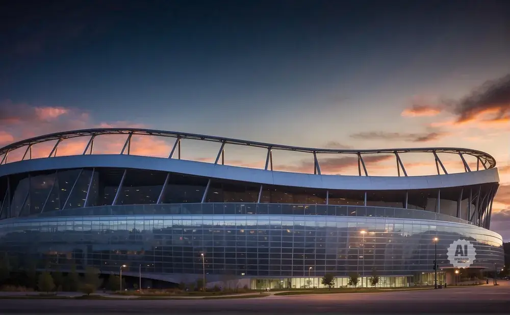 A modern stadium at sunset with a reflective glass exterior and a curved roof.