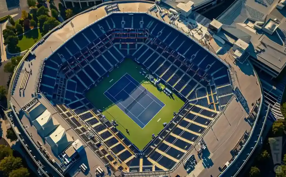 Aerial view of a tennis stadium with a court in the center and empty blue seats surrounding it.