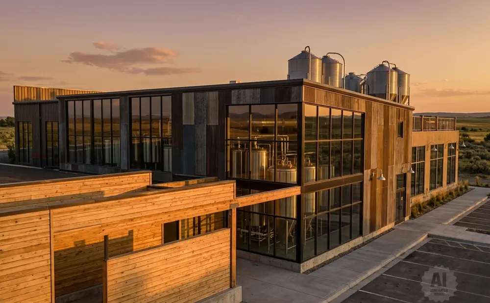 Modern brewery with large windows and silver tanks at sunset.