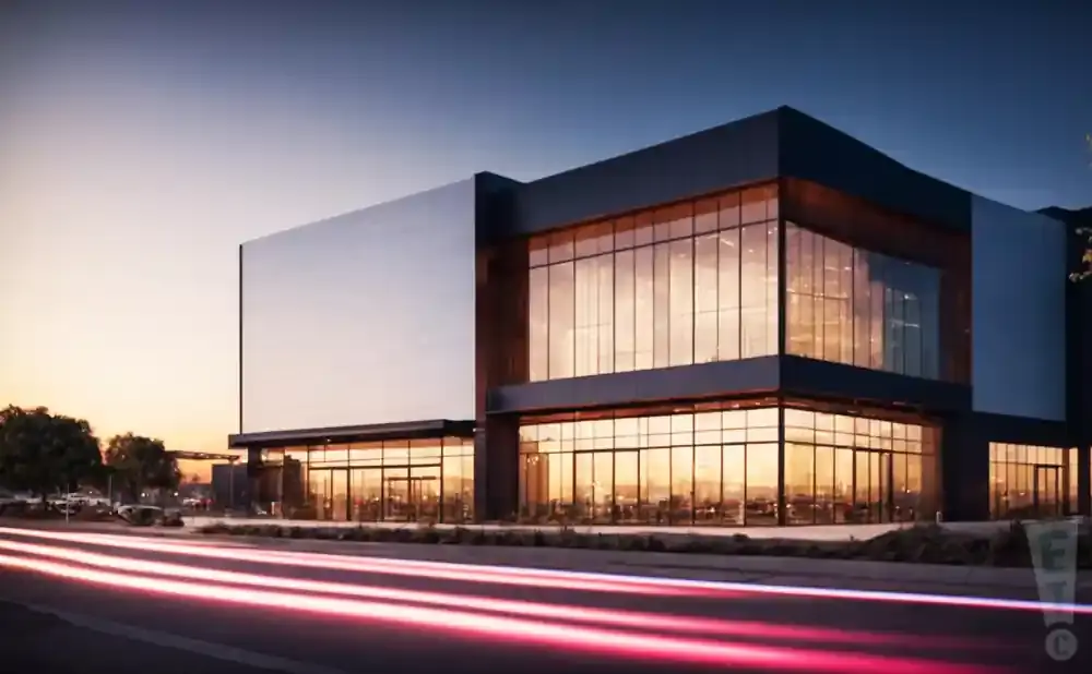 Modern glass building at sunset with light trails from cars in the foreground.