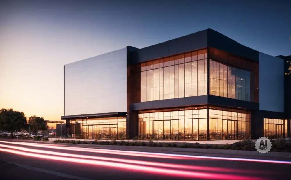 Modern glass building at dusk with light trails from traffic on the road.