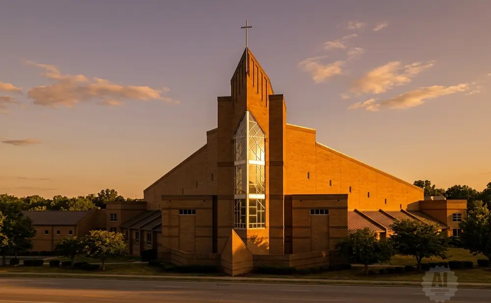 Church building with a tall steeple and cross, illuminated by warm sunset light.