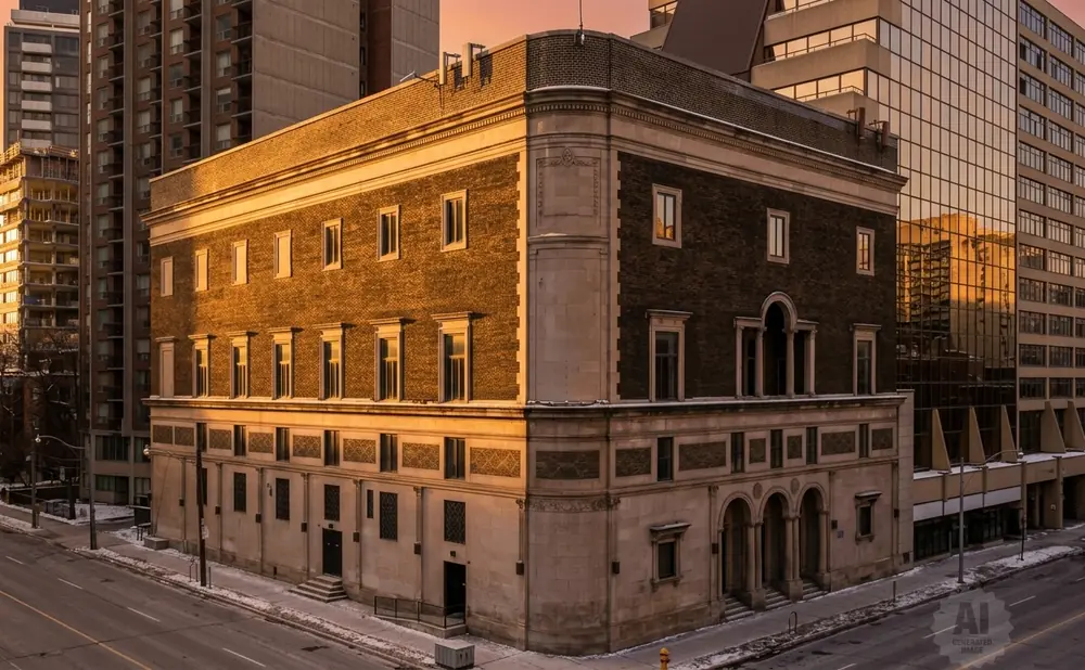 A historic brick building with stone accents stands at a street corner during sunset.