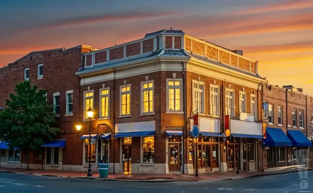 Corner building at dusk with warm light in windows and colorful sky.
