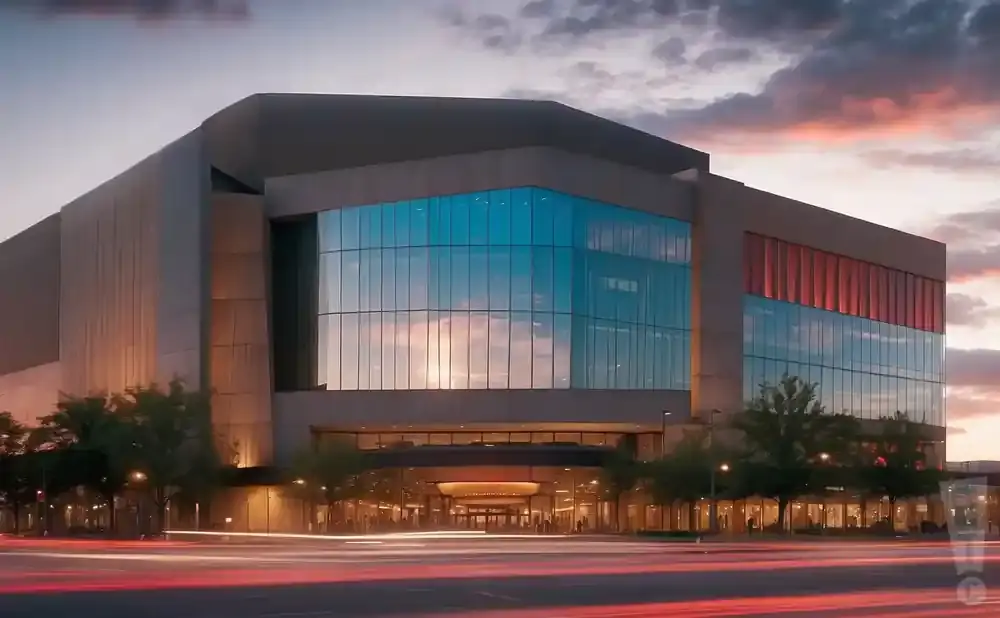 Modern building with glass windows reflecting the sunset sky, with blurred car lights in the foreground.