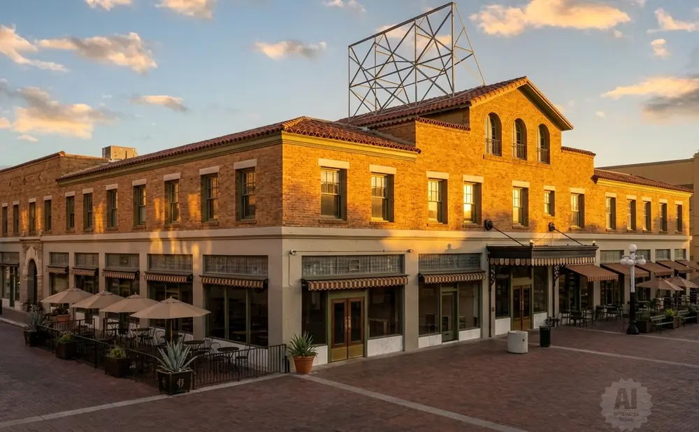 Golden hour light on a tan brick building with arched windows and a courtyard patio.