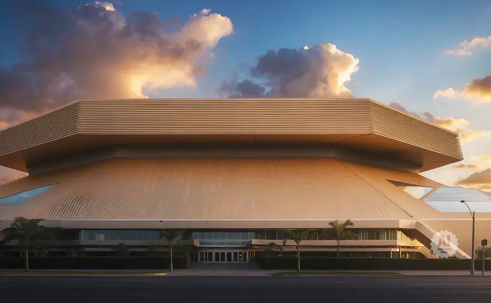 Golden dome stadium with ribbed top, against a cloudy sunset sky.