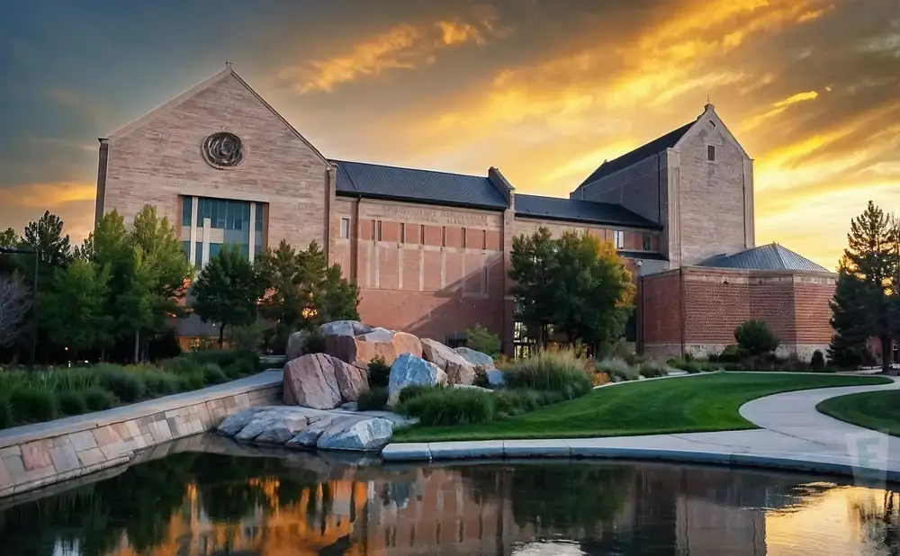 A large stone and brick building with a pond reflecting the sunset sky.