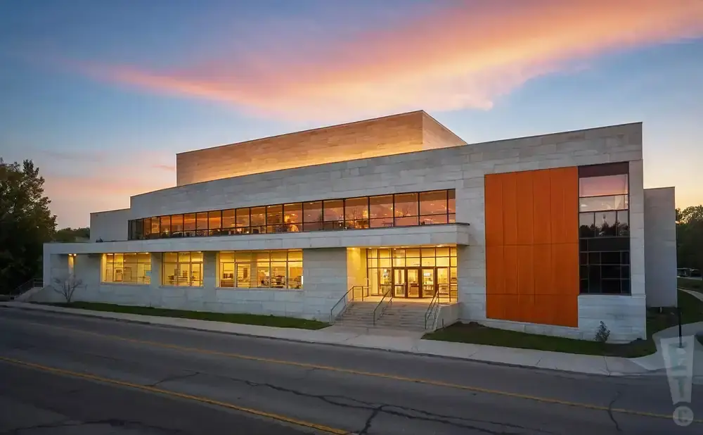 Modern building with stone facade and large windows, illuminated at dusk.