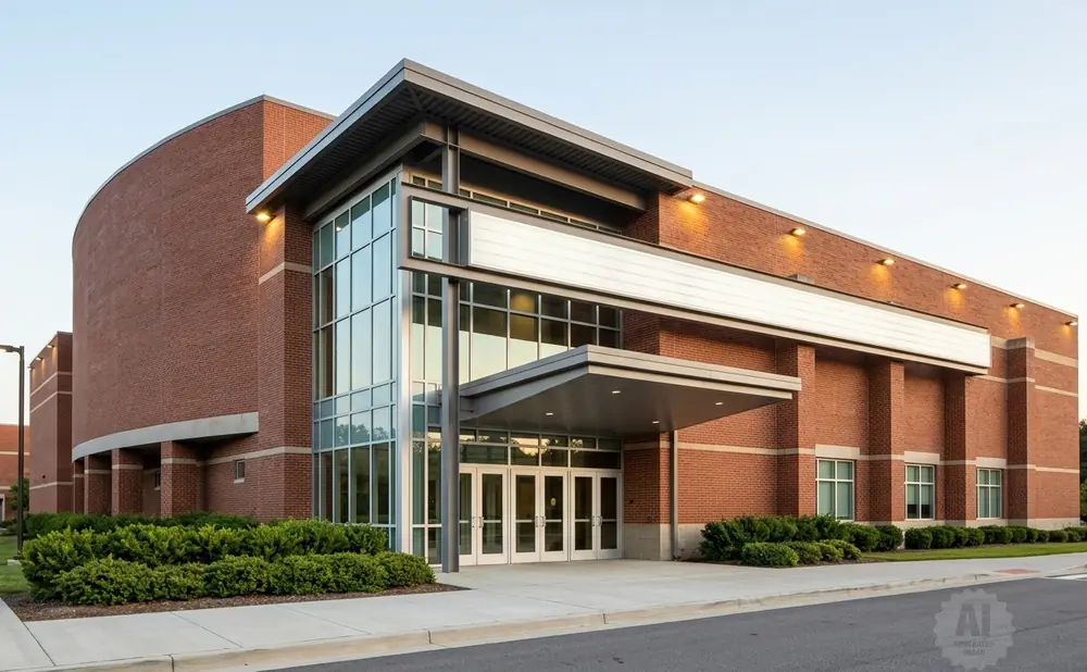 Modern brick building with large glass entrance and marquee.