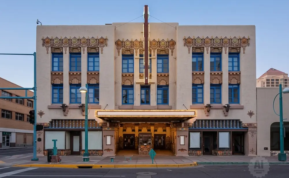 A tan, ornate building with blue windows and a marquee entrance stands under a clear sky.