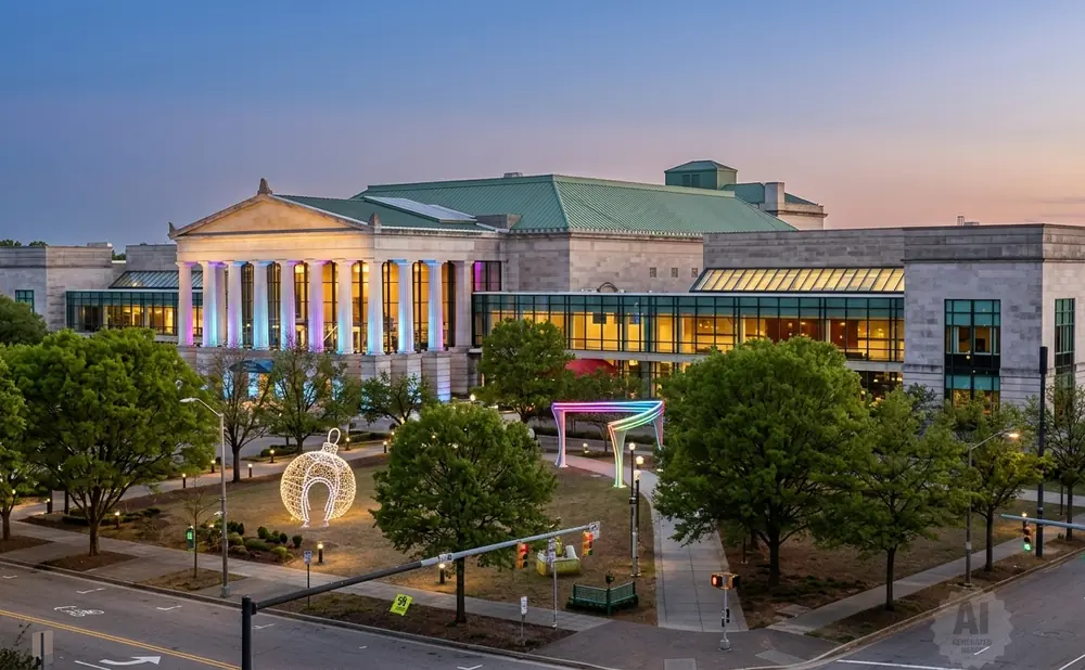 A large building with columns illuminated by colorful lights, set in a park with trees and holiday decorations.