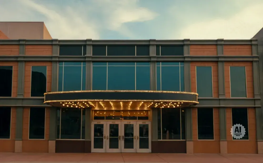 A modern theater facade with large glass windows, a marquee with lights, and double glass doors.