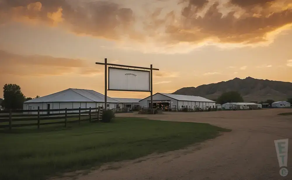 A ranch with white buildings and a large billboard at sunset, with mountains in the background.