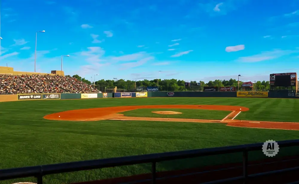 A baseball field with bright green grass, a dirt infield, and a stadium full of spectators under a blue sky.