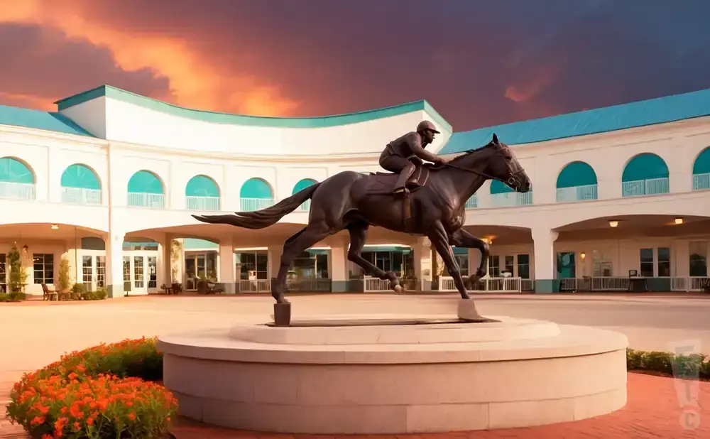 A bronze statue of a horse and jockey in front of a white building with teal accents under a dramatic sunset.