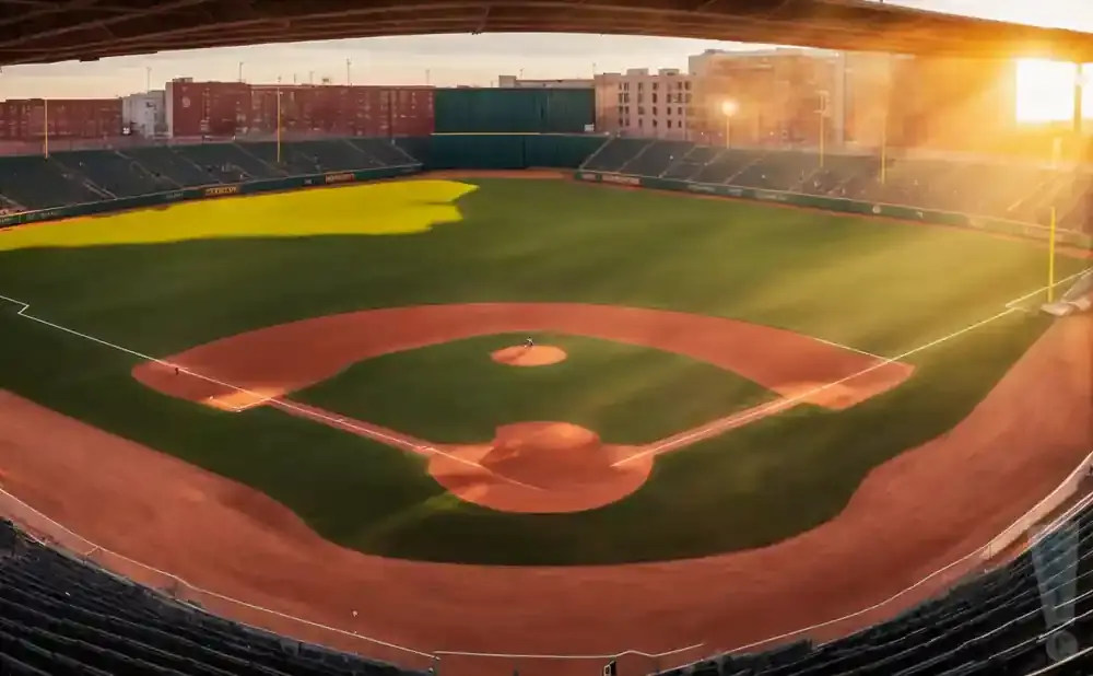 Baseball stadium at sunset with sunlight streaming across the field.