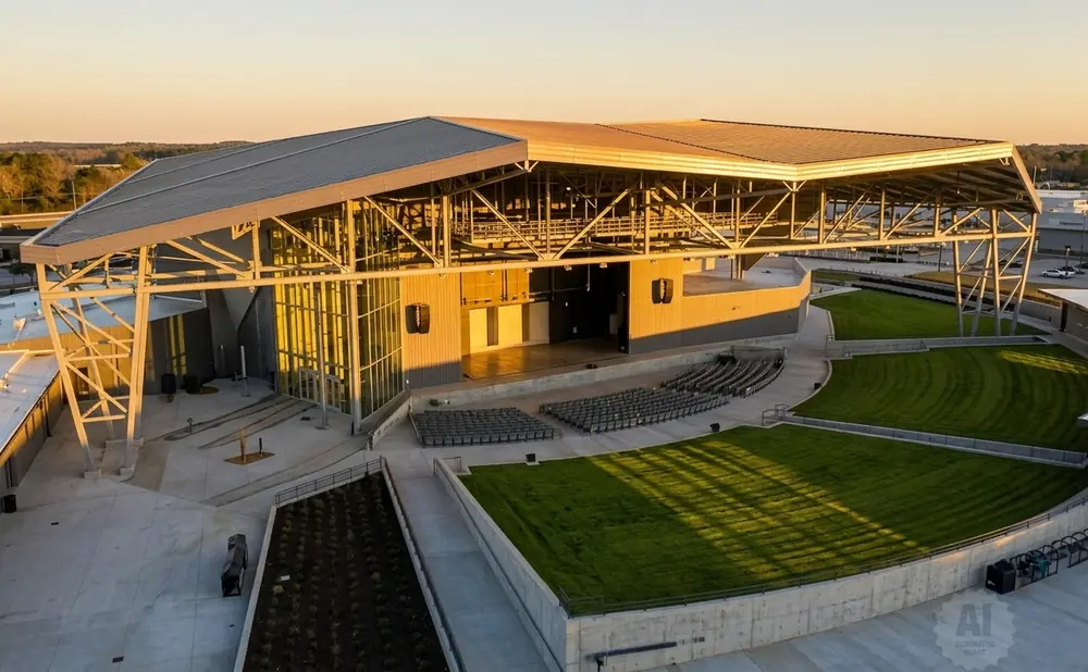 Outdoor amphitheater with a covered stage, tiered seating, and grassy areas at sunset.