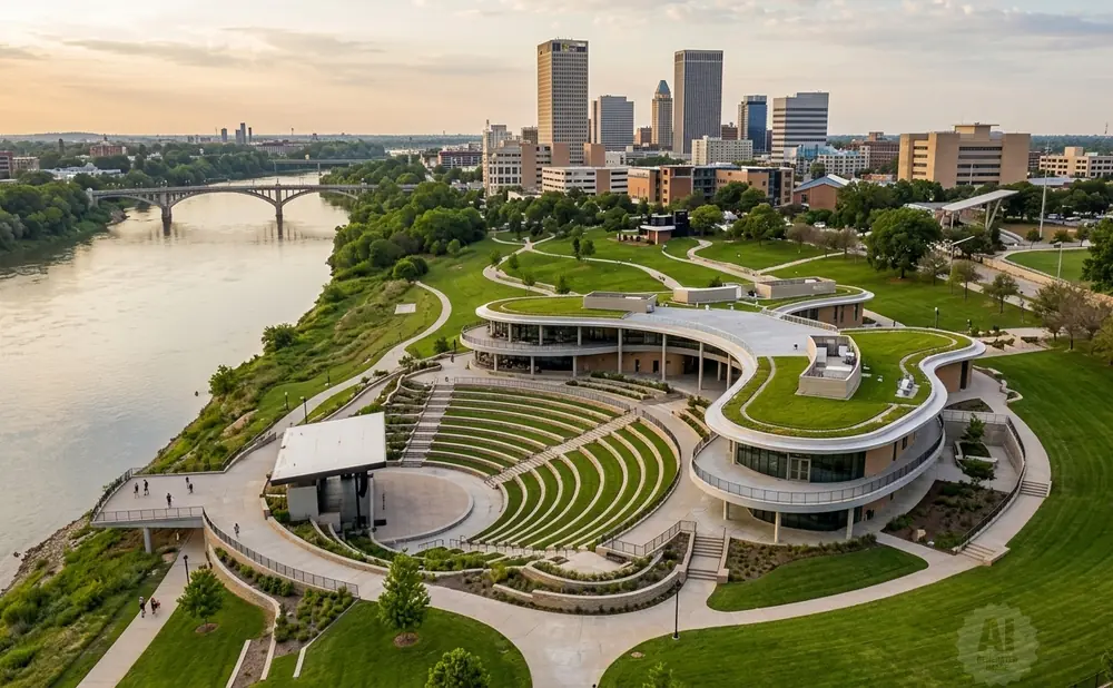Aerial view of a curved modern building with green roofs and tiered outdoor amphitheater seating overlooking a river and city skyline.