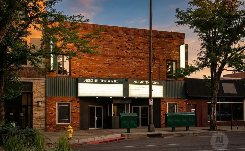 Aggie Theatre marquee glows in the sunset light, with trees and a yellow fire hydrant in front.