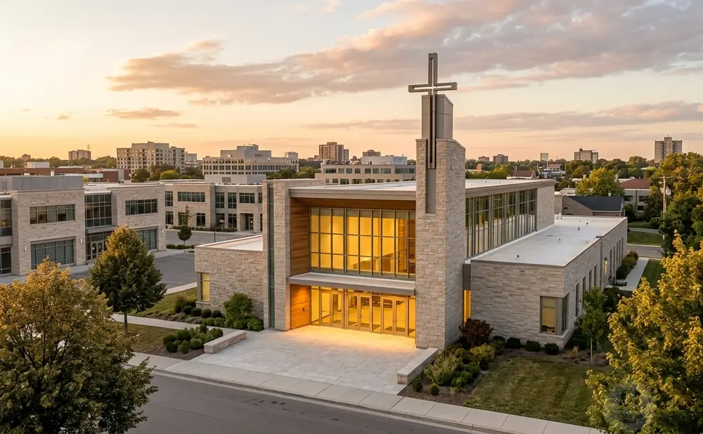 Modern stone church with a tall cross, surrounded by trees and buildings at sunset.