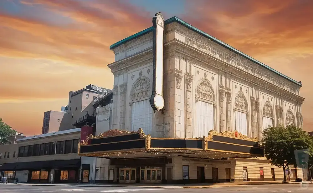 Grand theater with ornate facade and marquee under a dramatic orange sky.