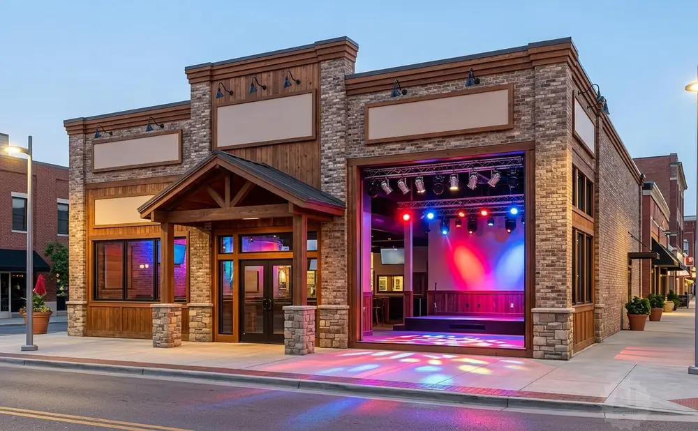 Exterior of a building with an open stage lit by colorful lights.