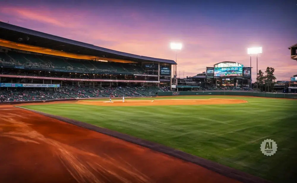 A baseball stadium at sunset with a pink and purple sky and bright stadium lights.