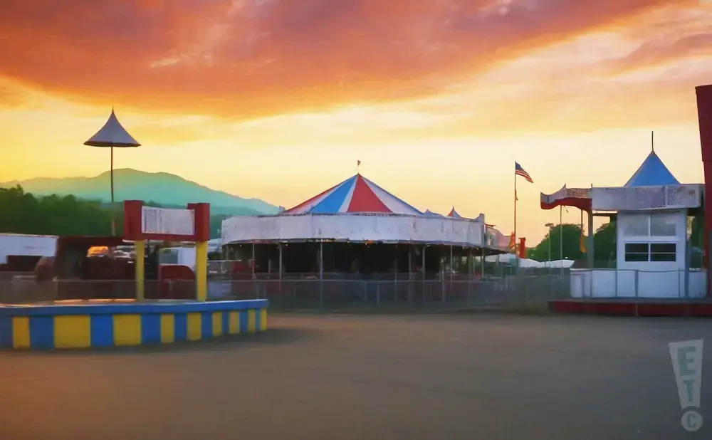 A sunset over a closed amusement park with a carousel and rides.