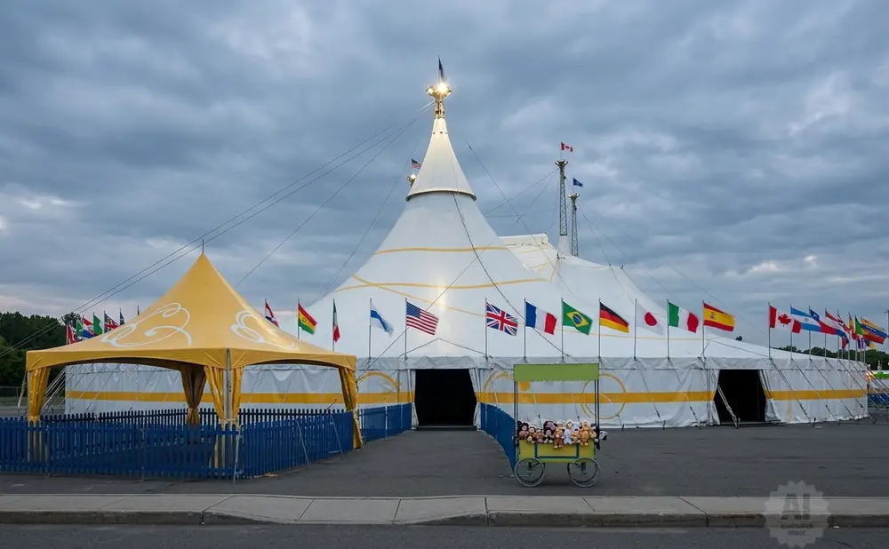 A circus tent decorated with international flags, with a small cart of stuffed animals in front.