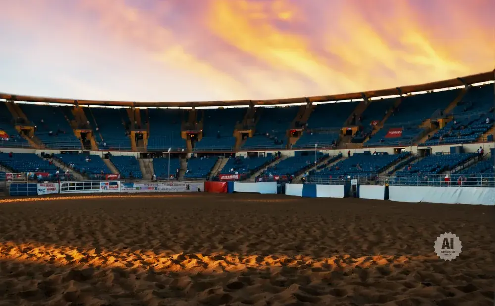 Empty rodeo arena with blue stadium seats under a colorful sunset sky.