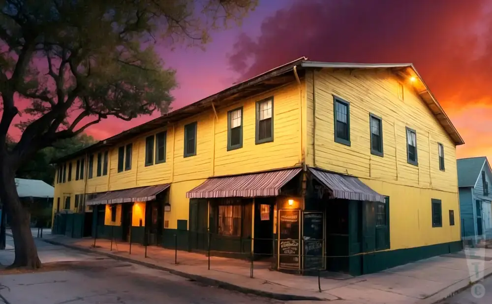Yellow wooden building with awnings and signs under a colorful sunset sky.