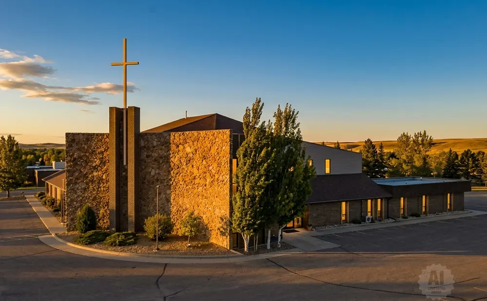 Church building with a tall cross against a sunset sky.