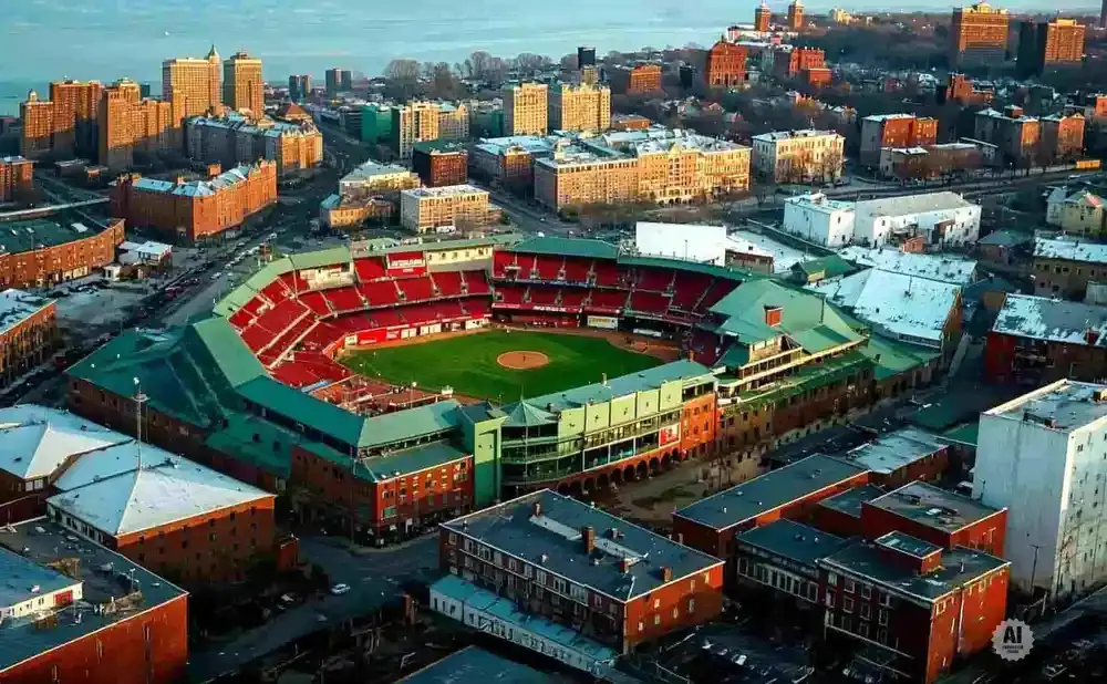 Aerial view of Fenway Park, a baseball stadium with red seats and a green field, surrounded by brick buildings and city skyline.