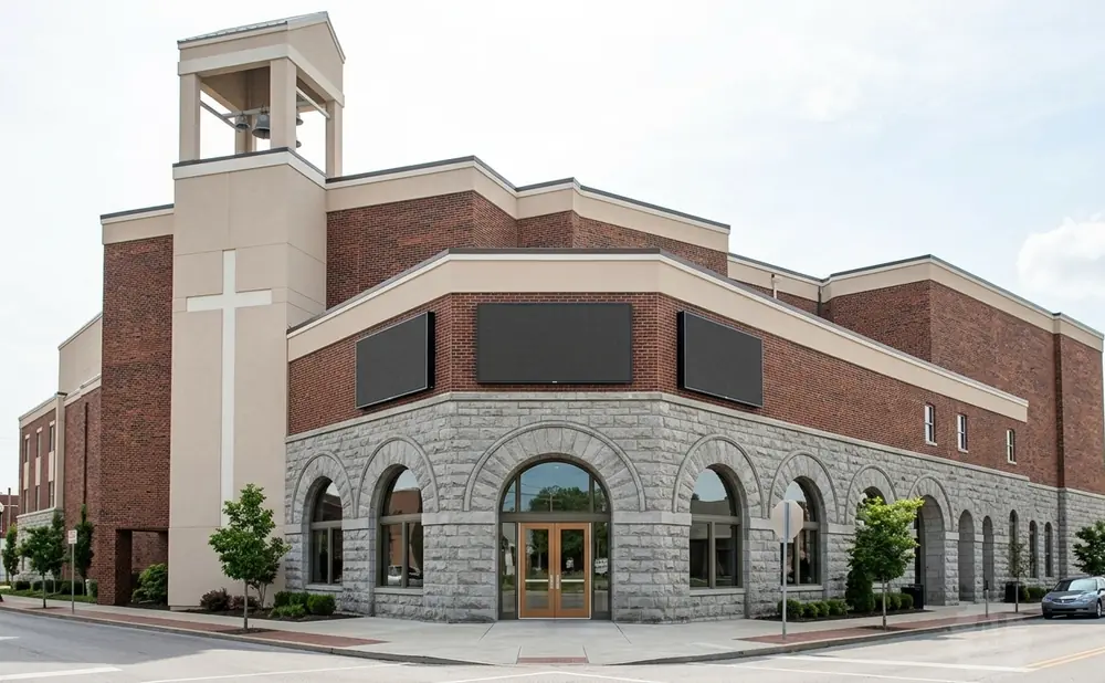 Church with brick and stone facade, featuring a bell tower and large digital screens.
