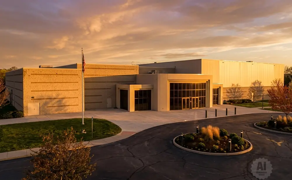Modern tan building with large windows at sunset.