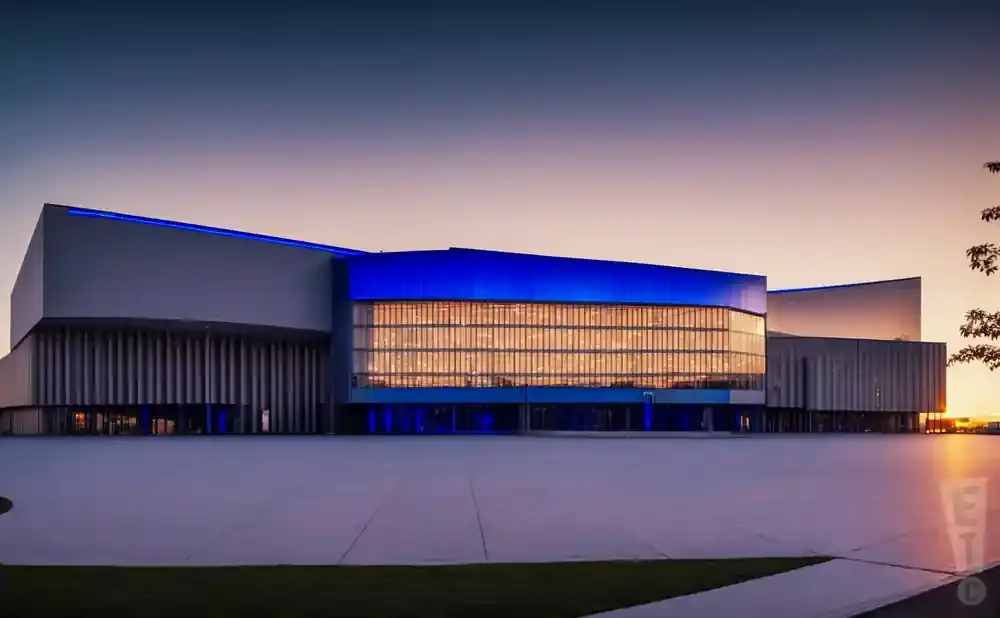 Modern building with blue lighting and glass facade at dusk.