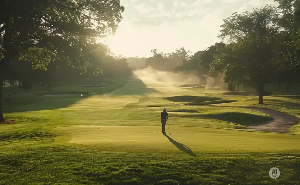 Golfer on a misty golf course at sunrise.
