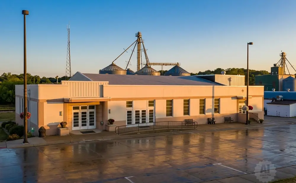 A peach-colored building with white trim and double doors is illuminated by warm sunset light.